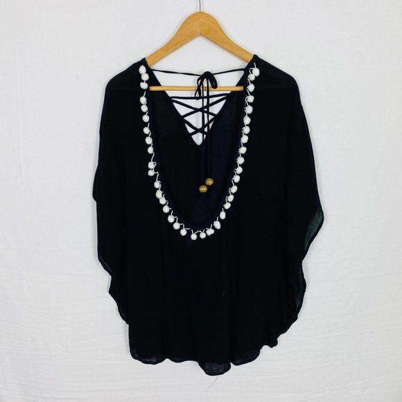 Francesca's Womens Scoop Back Top Small Black White Pompom Swim Cover-Up - Picture 3 of 10